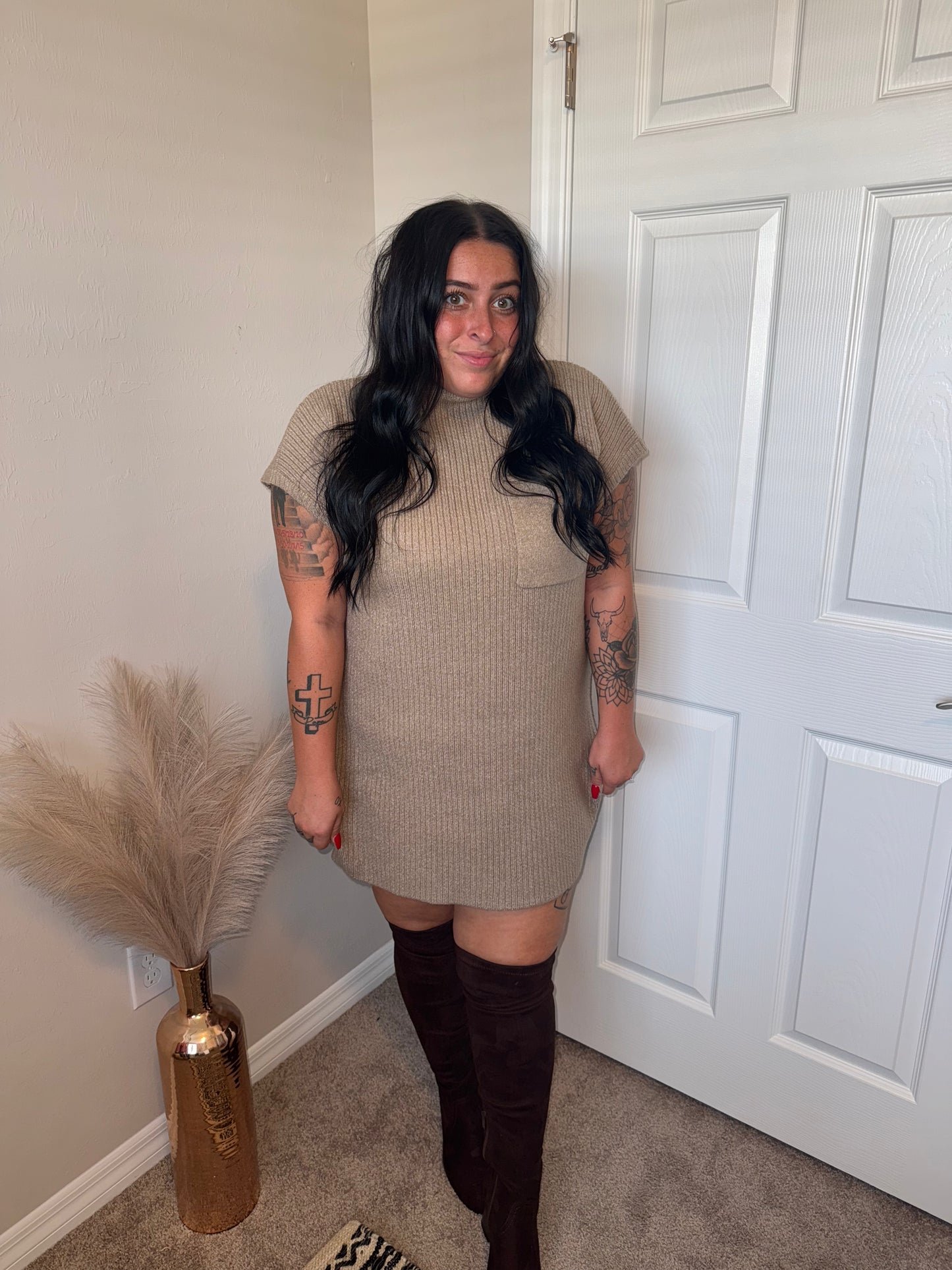 Mock Neck Sweater Dress- Mocha
